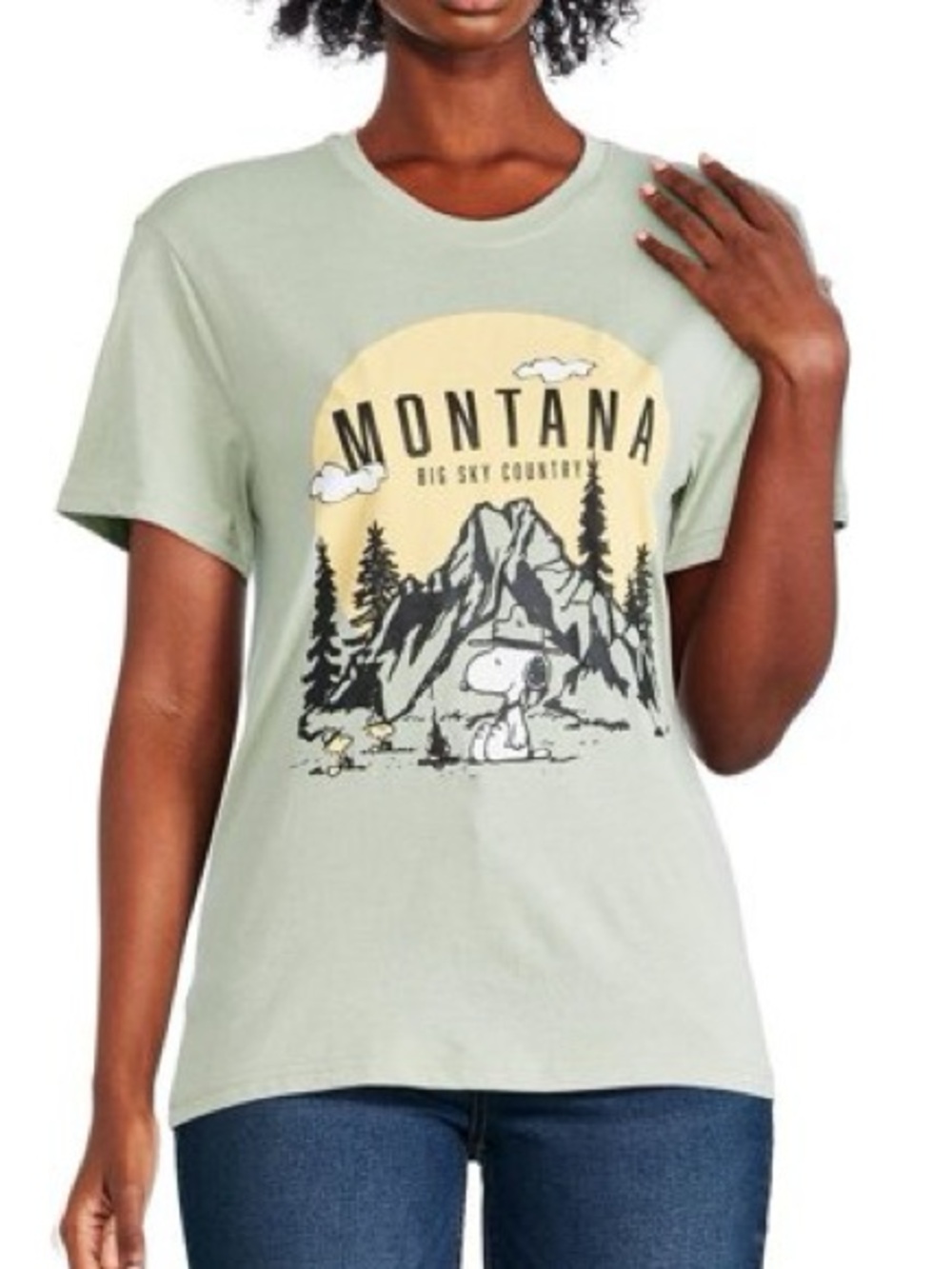 Peanuts Snoopy Montana Big Sky Country Graphic T-Shirt Sage Green Size L